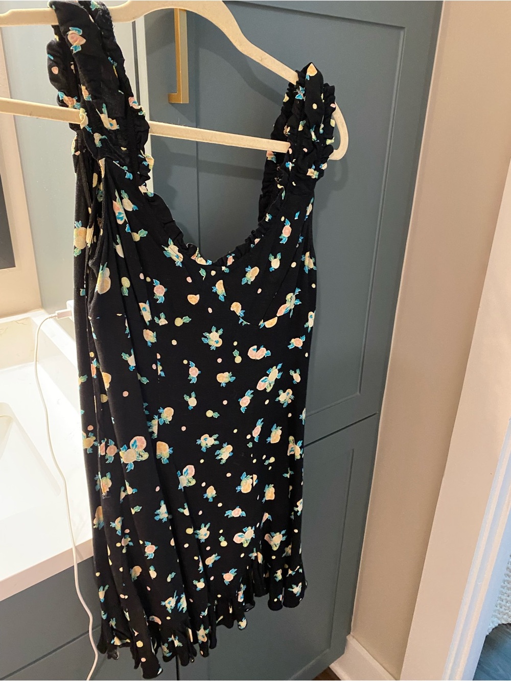 Free People Black Mini Dress with Aqua and Peach Floral Print